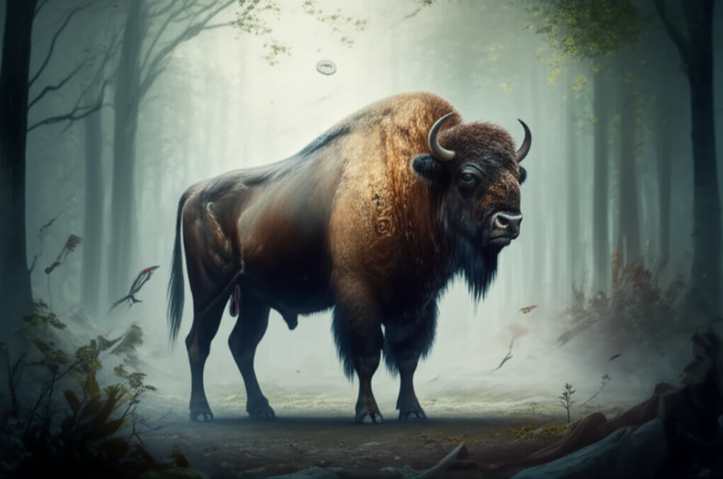 Surreal image of a wisent dissolving into DNA strands in a forest clearing.