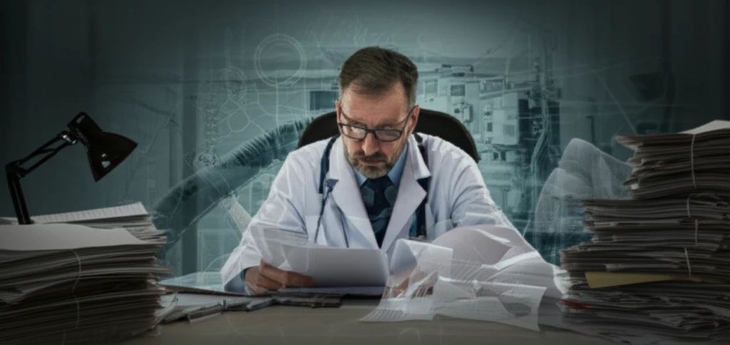 Doctor overwhelmed by paperwork in a complex healthcare system.