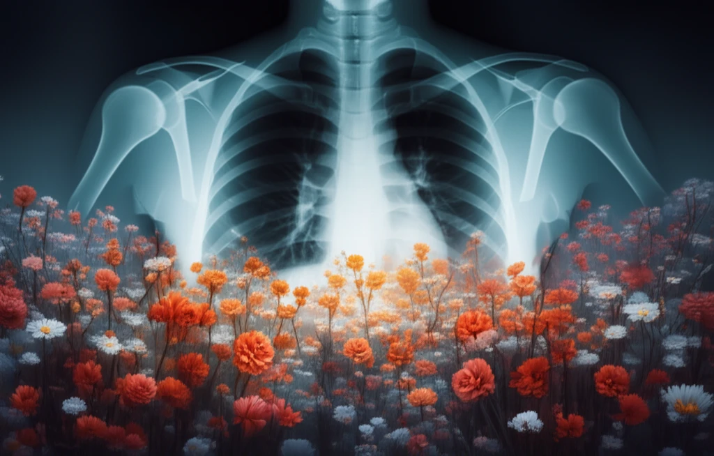 A hazy lung X-ray transforming into a field of blooming flowers.