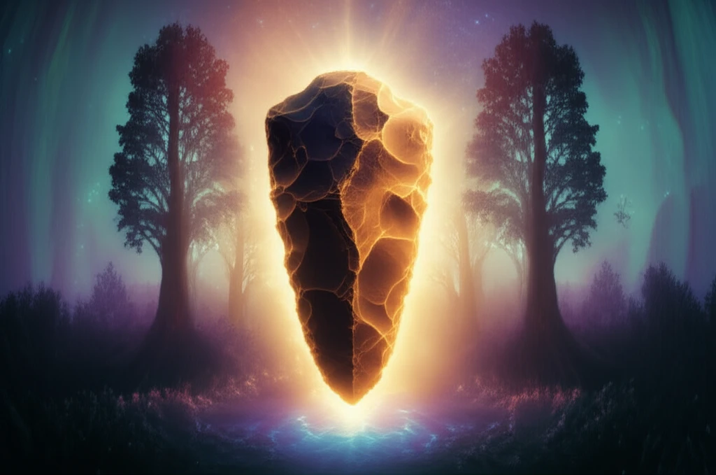 Acheulean hand axe radiating golden light in an ancient landscape, symbolizing primal connection and re-enchantment.
