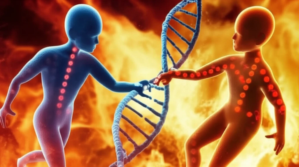 A surreal illustration of NF-κB p65 dimers interacting with DNA during inflammation.