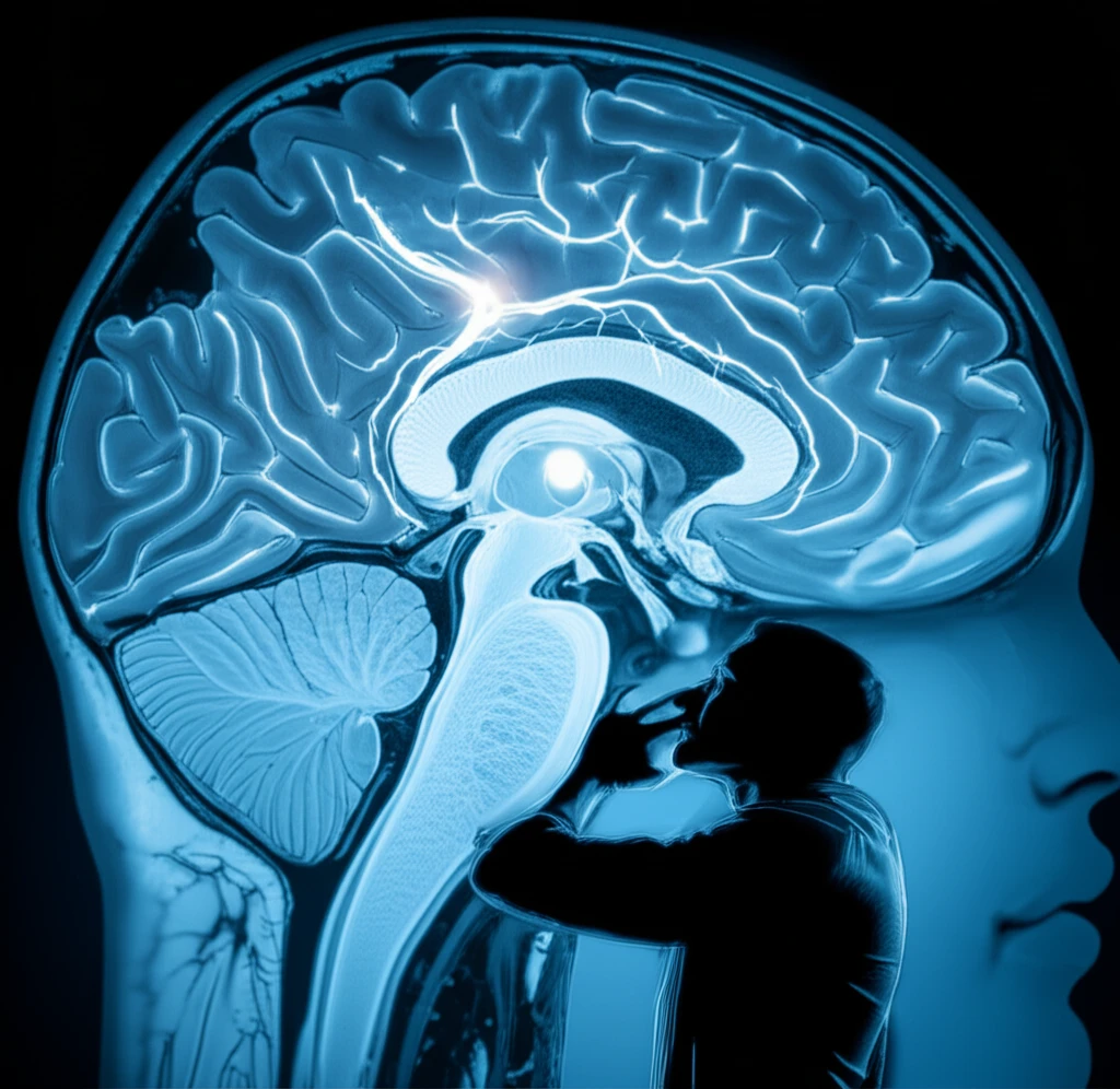 Stylized brain with glowing white matter tracts, highlighting the PPN for deep brain stimulation in Parkinson's disease.