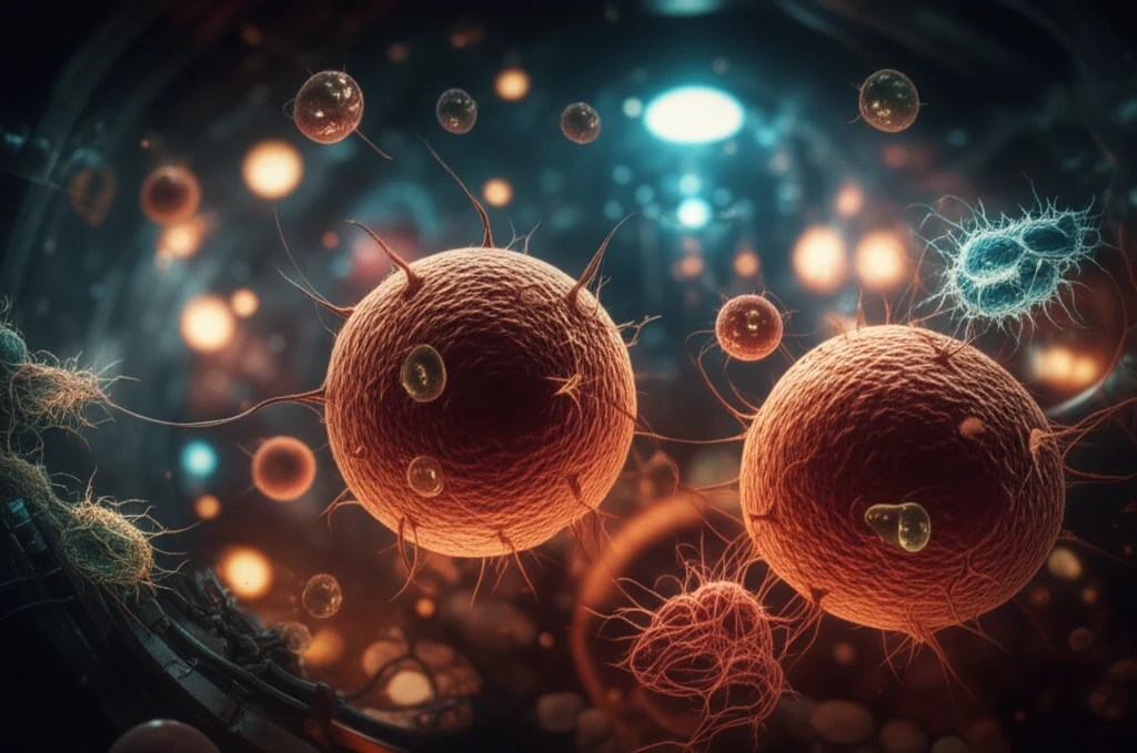 A microscopic view of yeast cells co-evolving with bacteria inside a futuristic brewery, showcasing the collaboration and adaptation process.