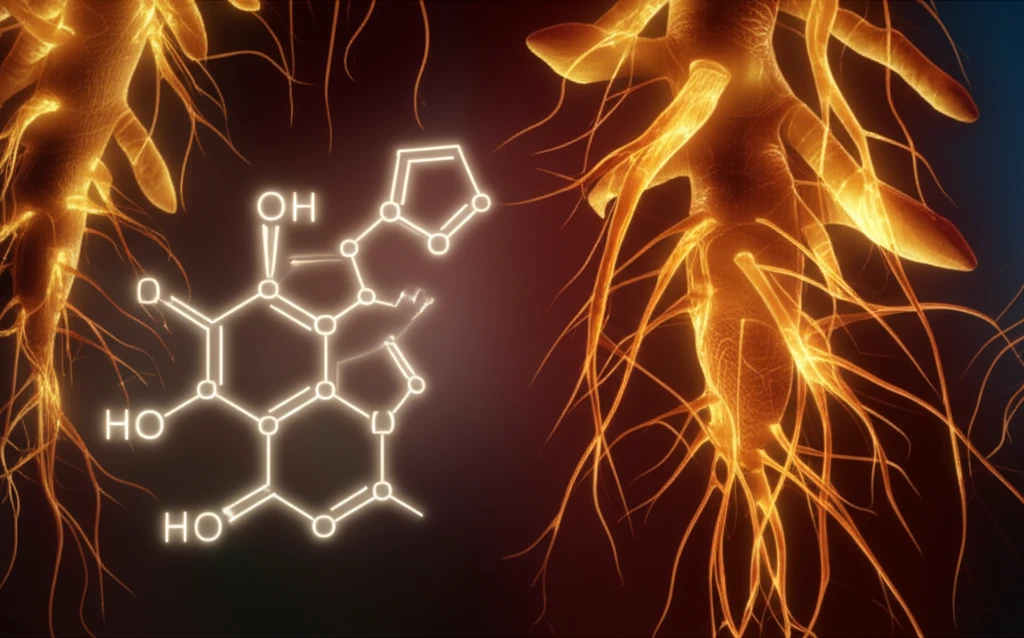 Surreal illustration of pyridazine analogue interwoven with spice plant roots, symbolizing the fight against cancer.