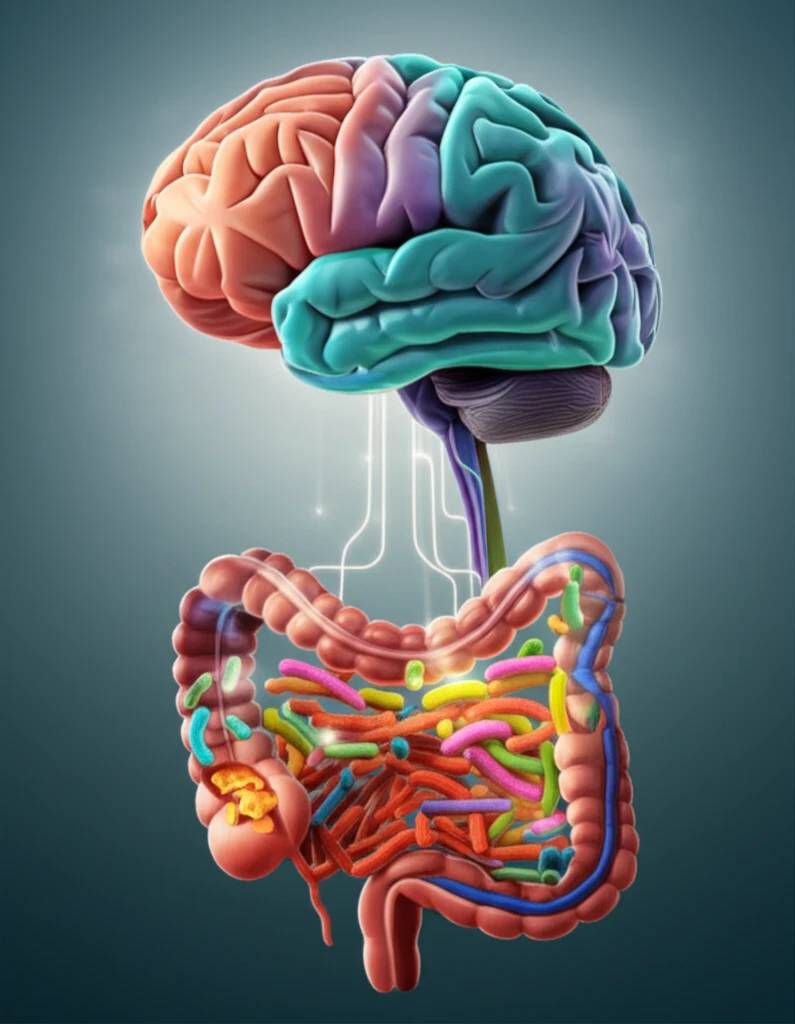 A digital illustration representing the gut-brain axis, showing a connection between a brain and a network of gut bacteria.