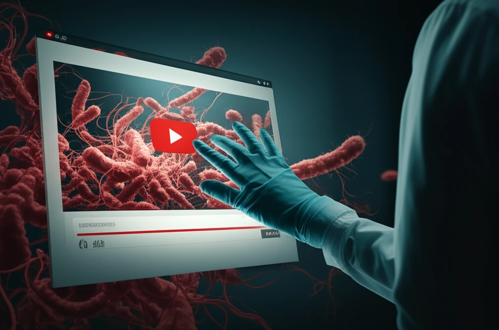 Digital illustration symbolizing C. difficile bacteria and YouTube, highlighting the need for prevention information.