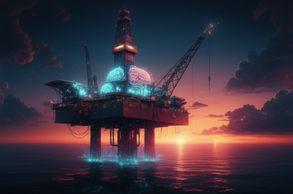 Offshore oil rig at sunset with integrated brain-like structures, symbolizing cognitive analysis and safety.