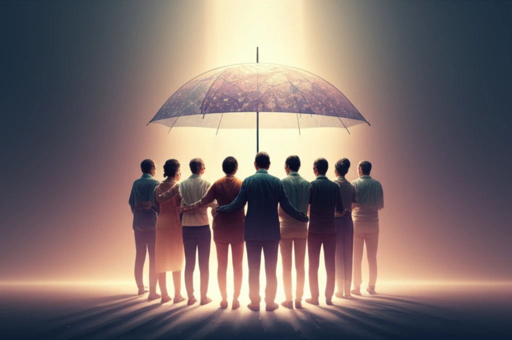 Diverse group of people under a protective umbrella, symbolizing equal access to healthcare.