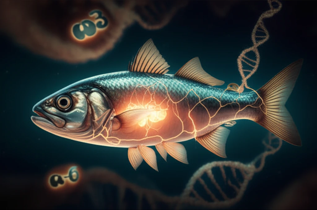 Surreal illustration of a fish with a glowing liver, symbolizing the connection between diet and gene expression.