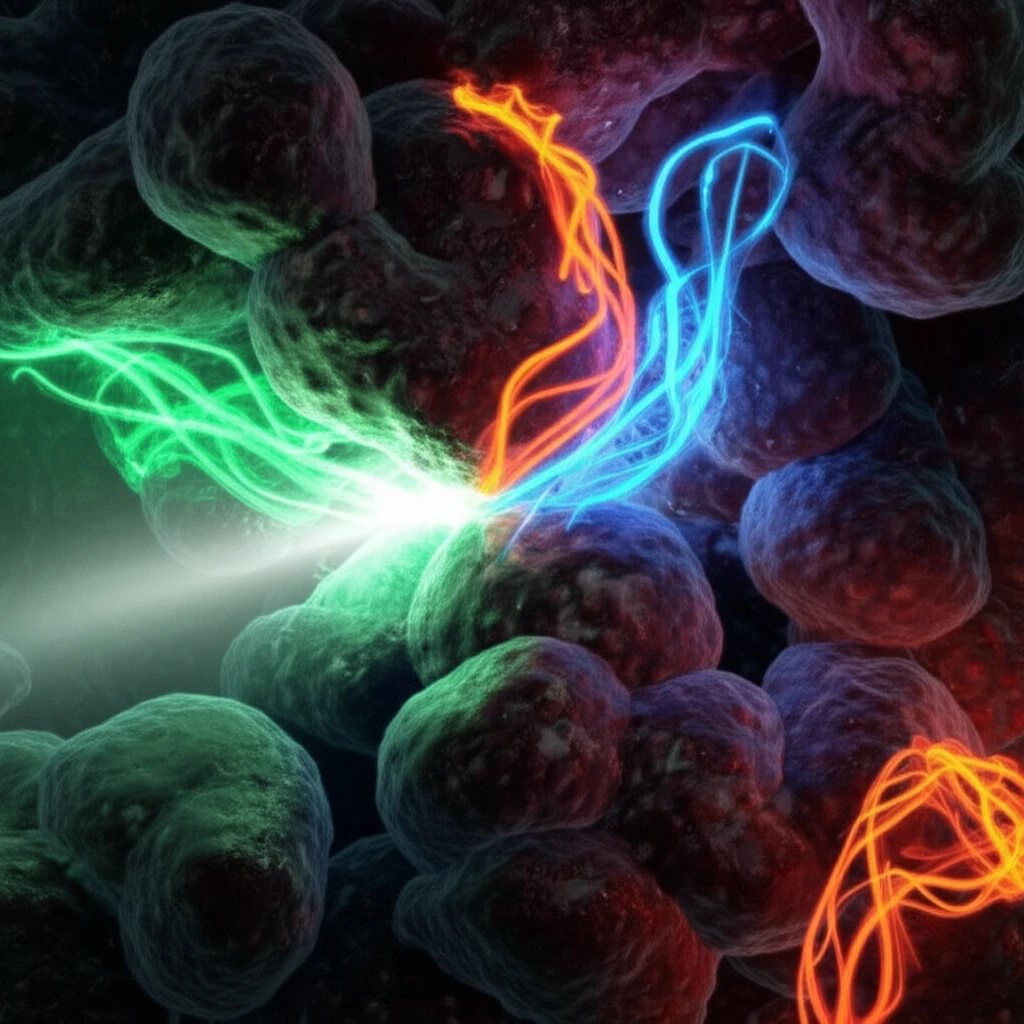 Microscopic view of liver cancer cells with interconnected proteins, symbolizing potential therapeutic targets.