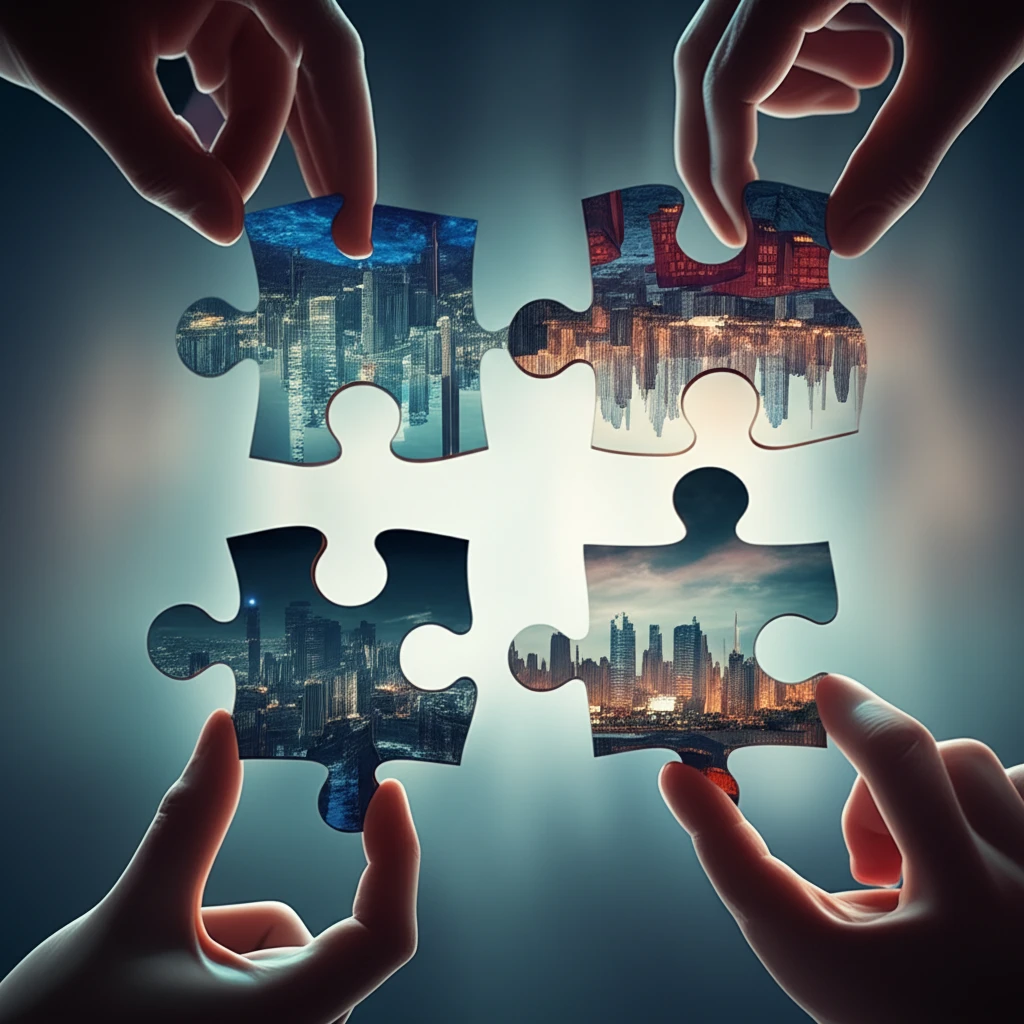 Hands connecting puzzle pieces forming city skylines, symbolizing ergonomics bridging the gap between developed and developing nations.