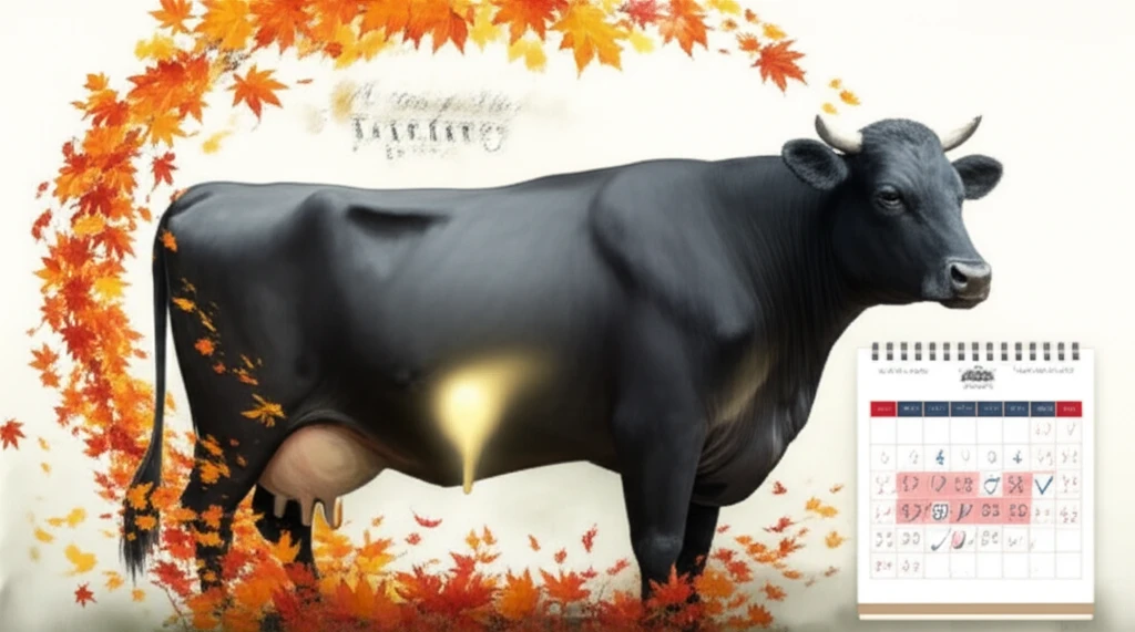 Surreal illustration of a fertile Japanese Black cow in autumn.