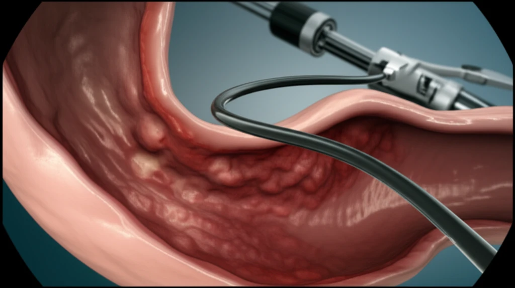 Endoscopic view inside a stomach showing healthy and inflamed tissue with surgical instruments.
