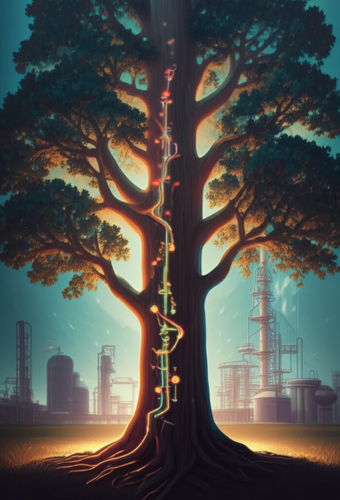 Poplar tree with glowing pathways symbolizes genetic engineering for biofuel future.