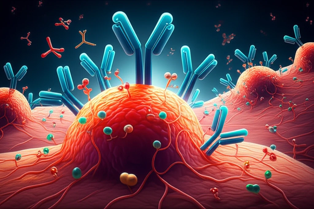 Illustration of HER2-positive breast cancer cells being targeted by combined therapy, overcoming resistance.