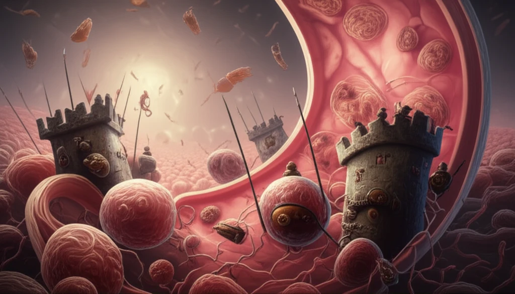 Surreal illustration of stomach lining with iron fortresses and Helicobacter pylori.