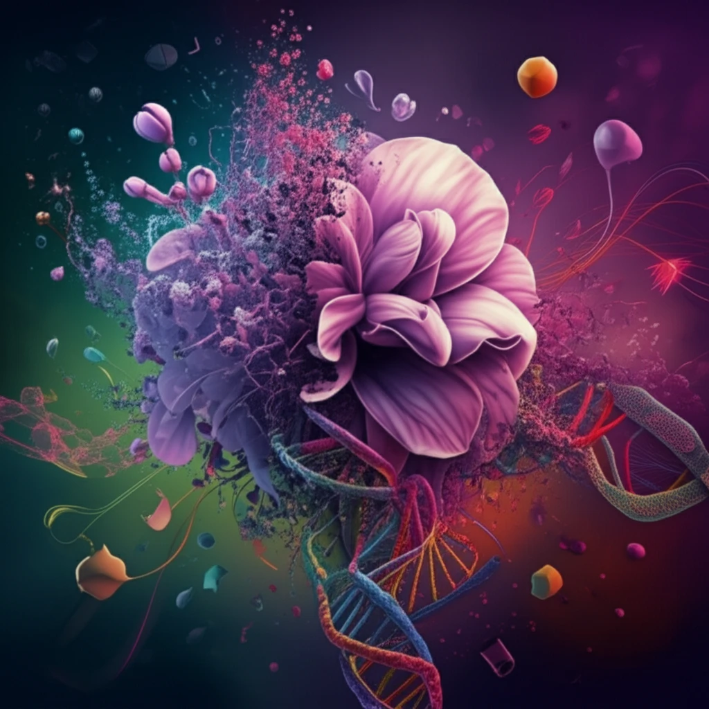 Surreal illustration of a lilac flower with its DNA structure and floating genes.