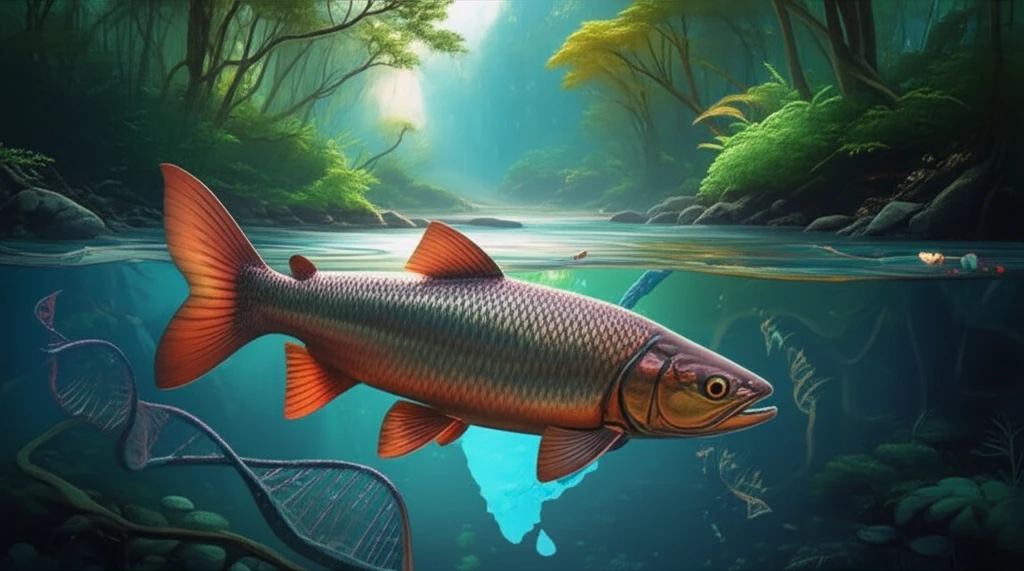 Chocolate Mahseer swimming in a river with DNA strands reflecting the genetic diversity of Northeast India.