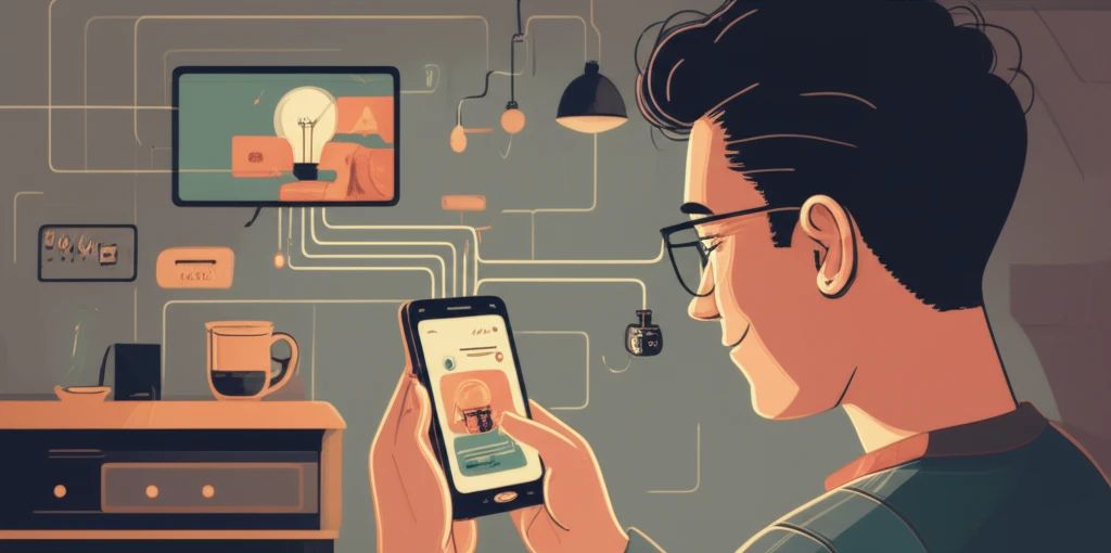 Visually impaired person controlling smart home devices with a smartphone app.