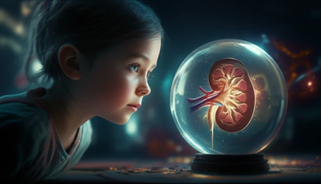 Child gazing into a crystal ball, visualizing a healthy kidney, representing the predictive power of urine biomarkers in lupus nephritis.