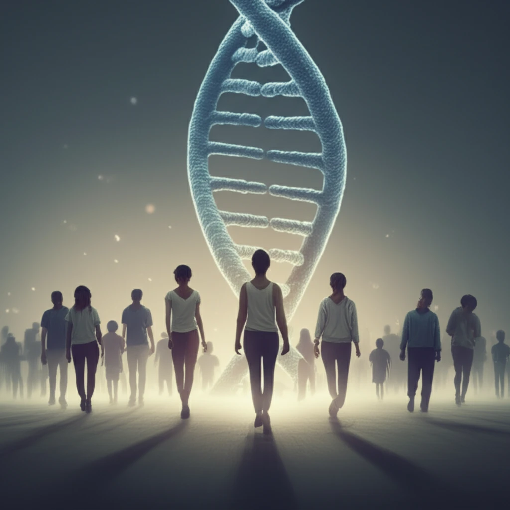 Diverse group of people making decisions about participating in medical research, symbolized by a DNA helix.