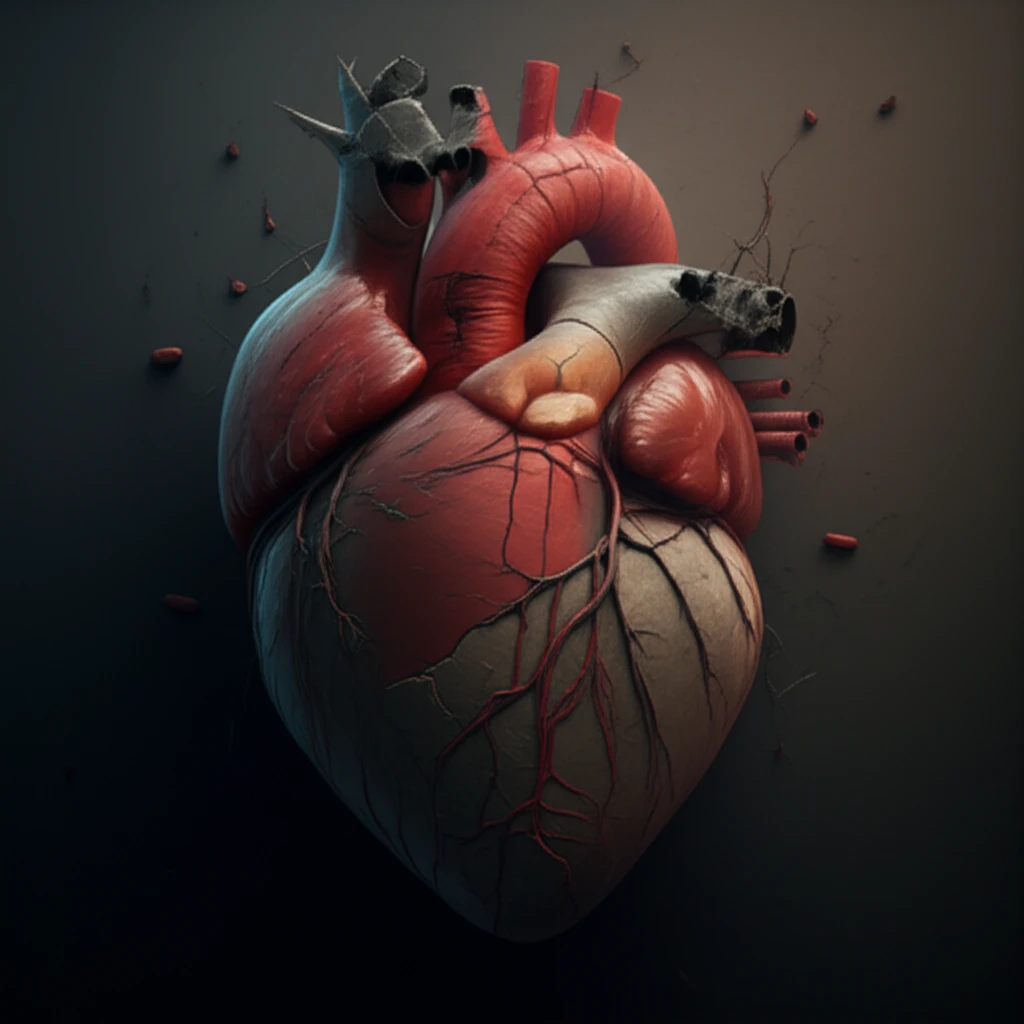 Stylized heart transforming into stone, symbolizing cardiac remodeling and fibrosis.