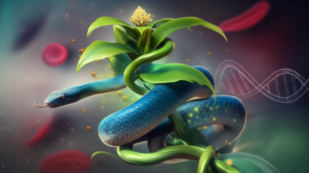 A digital illustration symbolizing the potential protective effects of rutin against snake venom, combining nature and science elements.
