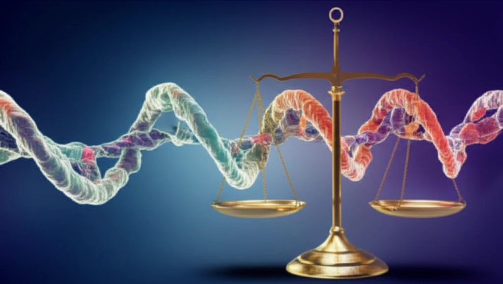 DNA strands intertwined with legal scales symbolizing bioethics and justice.