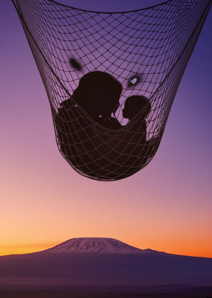 A surreal illustration depicting a safety net protecting a mother and child with Mount Kilimanjaro in the background.