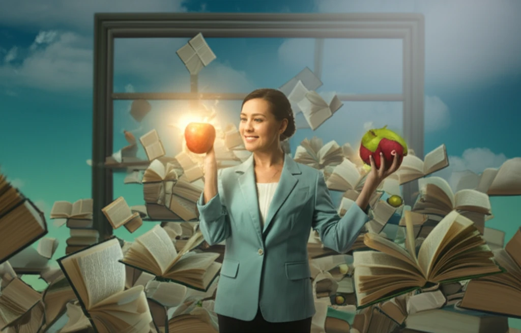 Nutrition teacher surrounded by vibrant produce and fading textbooks, symbolizing passion and burnout.