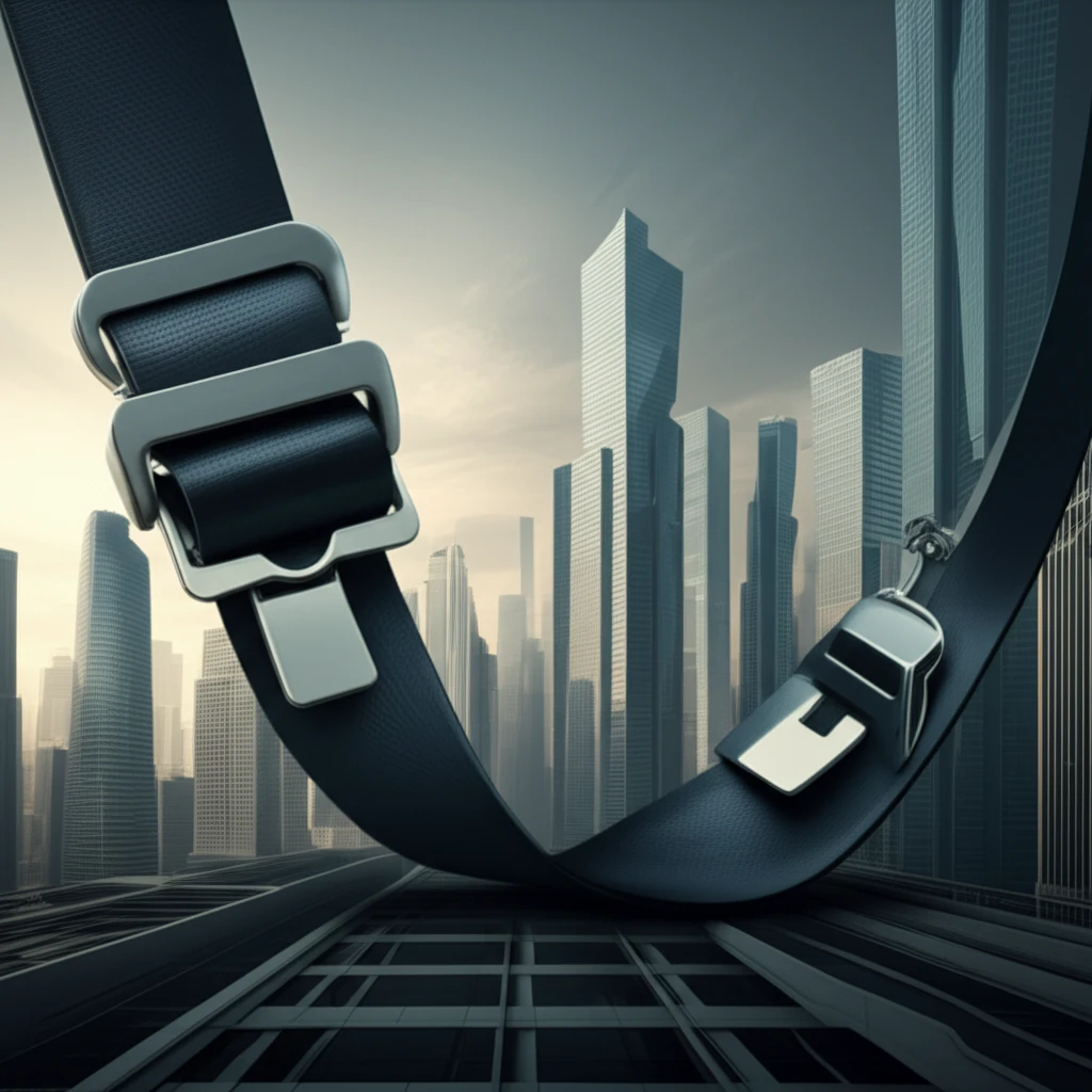 Safety belt weaving through a cityscape, symbolizing protection.
