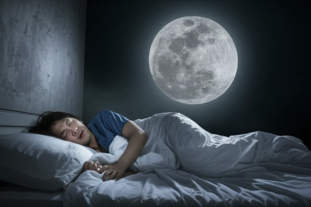 Surreal illustration of restless sleep with a bladder-shaped moon, representing the connection between nocturia and sleep disturbance.