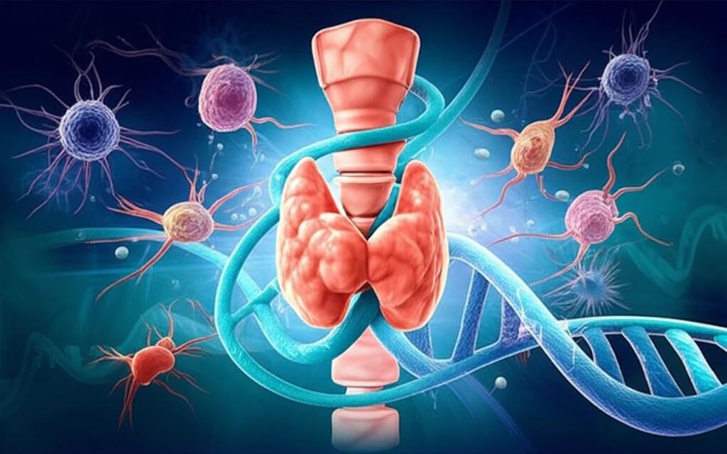 Illustration of thyroid gland with immune cells and DNA, representing thyroid nodule diagnosis.