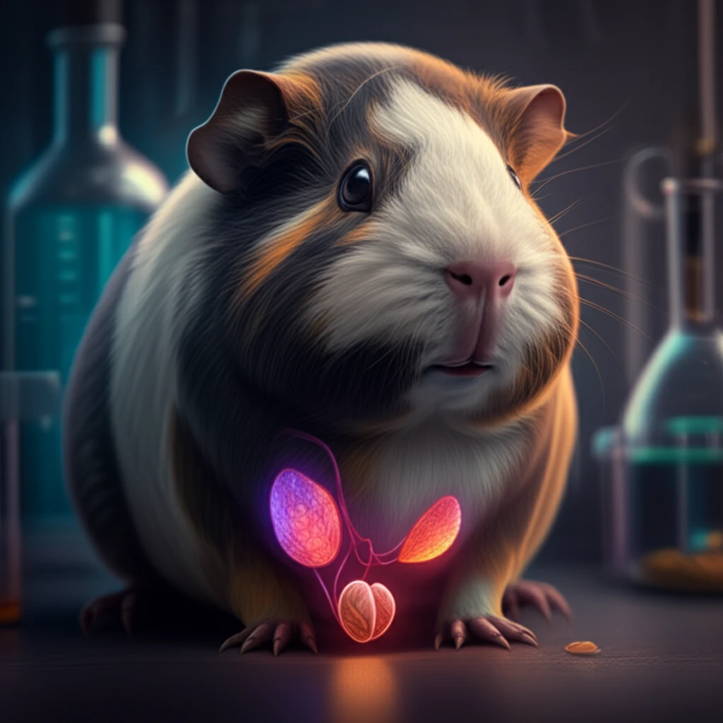 Surreal illustration of a guinea pig reproductive system, highlighting the prostate and vesicular glands.