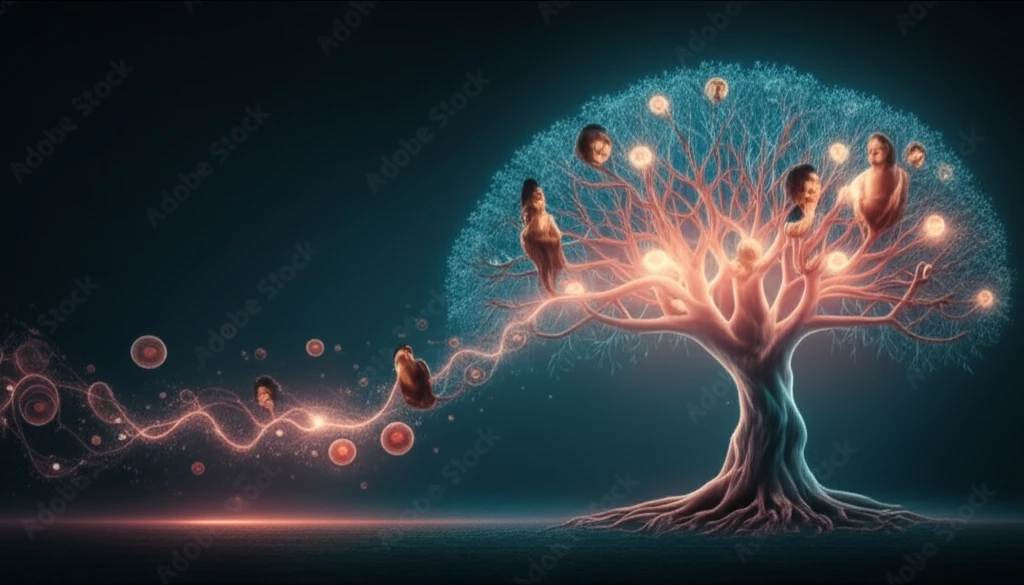 Family tree with glowing stem cells flowing, representing haploidentical transplant.