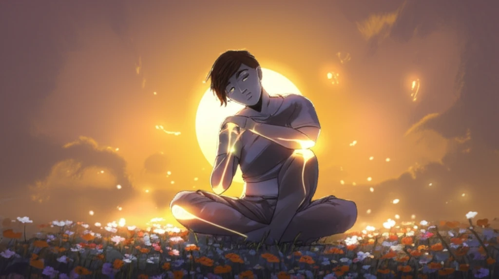 Person with RA stretching in a field of wildflowers, symbolizing overcoming barriers to exercise.