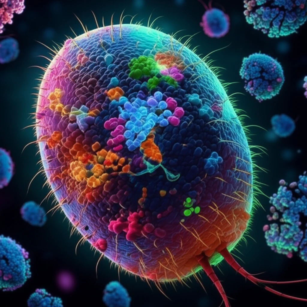 Surreal illustration of a malaria parasite with glowing mutations, representing drug resistance.