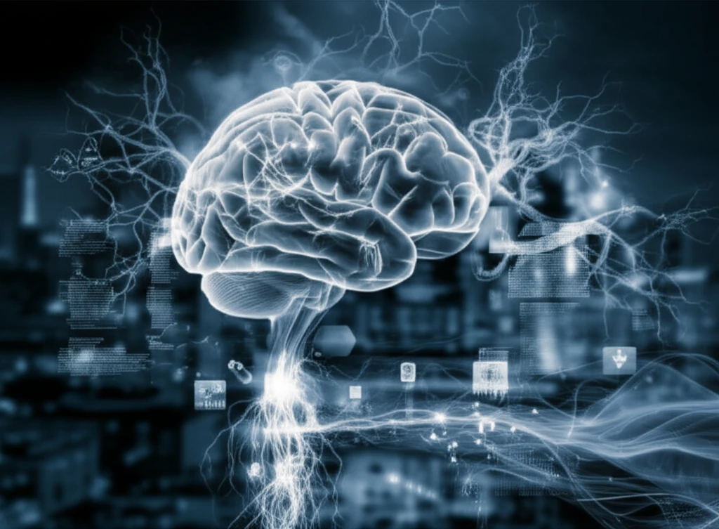 Brain interconnected with data streams, symbolizing AI prediction of Parkinson's disease.
