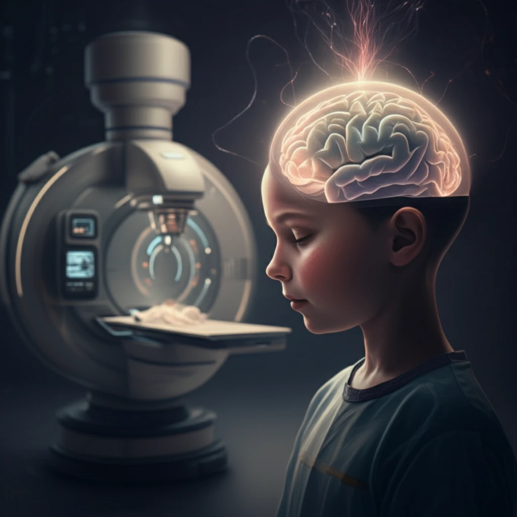 Child with glowing brain with gamma knife in the background
