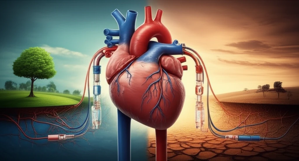 Stylized heart with dialysis tubes leading to contrasting landscapes, representing survival differences in hemodialysis and peritoneal dialysis patients with peripheral artery disease.