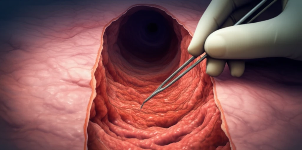 Microscopic view of esophagus transitioning to Barrett's Esophagus, with surgeon's hand performing microsurgery.