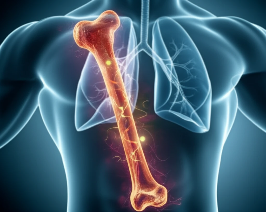 Surreal image of tibia bone with glowing networks symbolizing infection and healing.