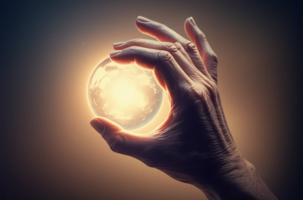 Elderly hand gripping a glowing orb, symbolizing grip strength and vitality.