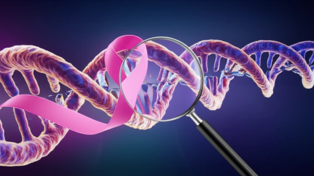 DNA helix with breast cancer ribbon, symbolizing genetic research.