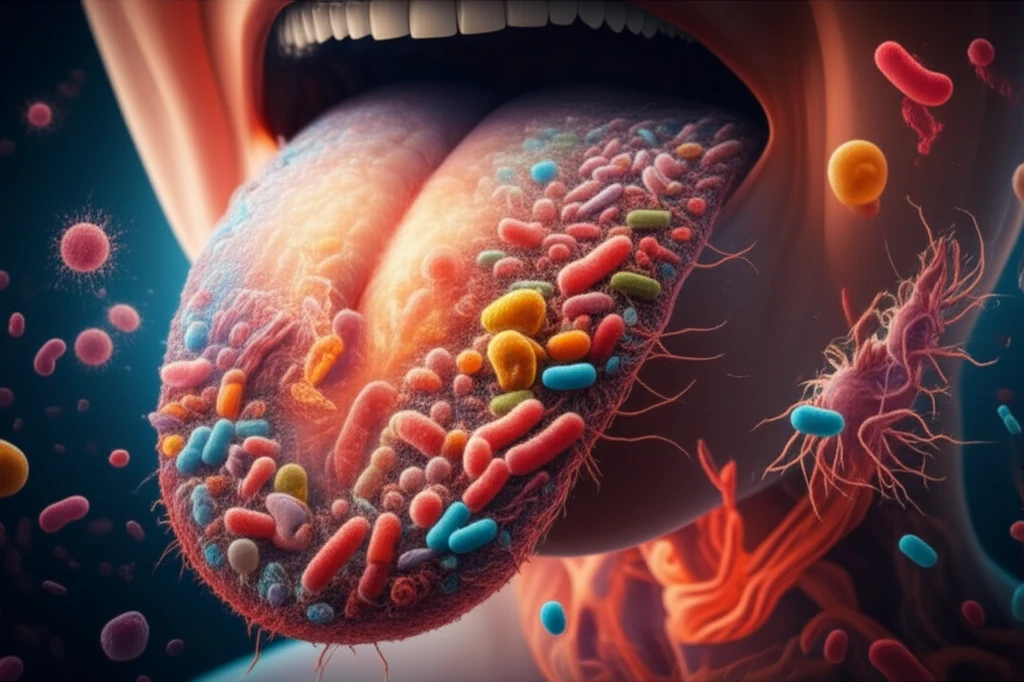 Surreal illustration of a tongue with a microbiome landscape connecting to a gastric scene, symbolizing the link between oral and gastric health.