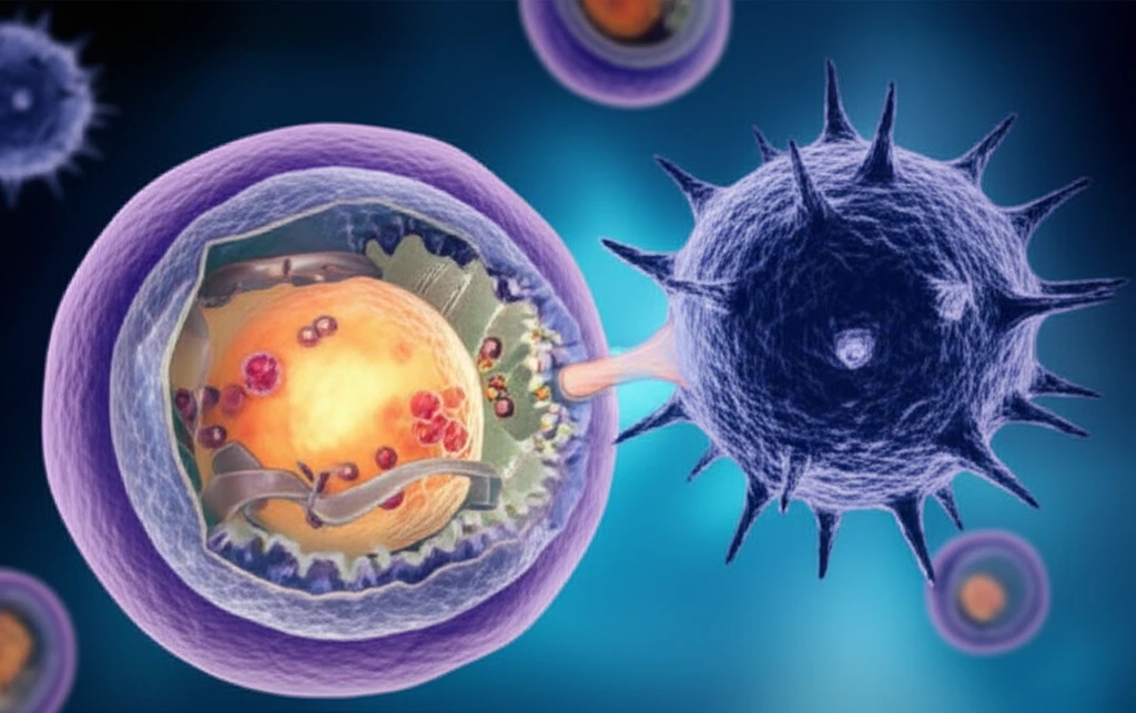 NK cell battling a tumor cell, its machinery clogged by fat.
