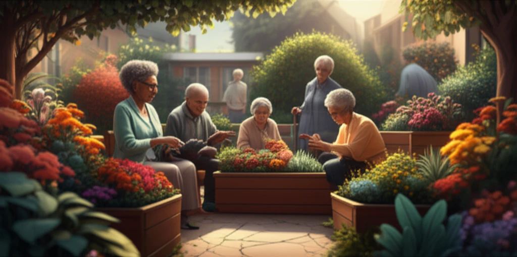 Elderly residents working together in a care facility garden