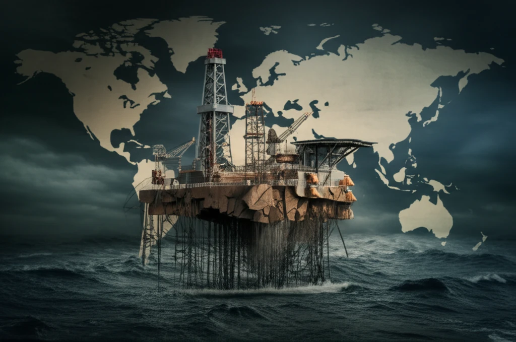 Fractured oil rig floating in stormy sea, symbolizing OPEC's struggles.