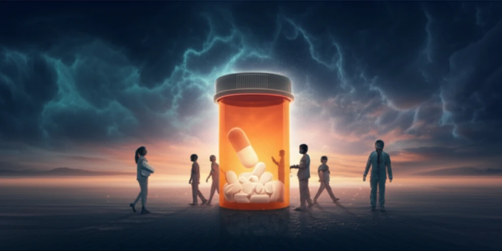 Serene oasis with glowing pill bottle symbolizing calm from oral medication.