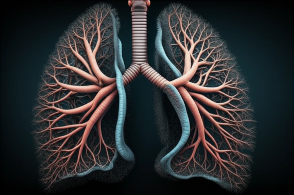 Illustration of lungs intertwined with a protein network, symbolizing β5i/LMP7 deficiency.